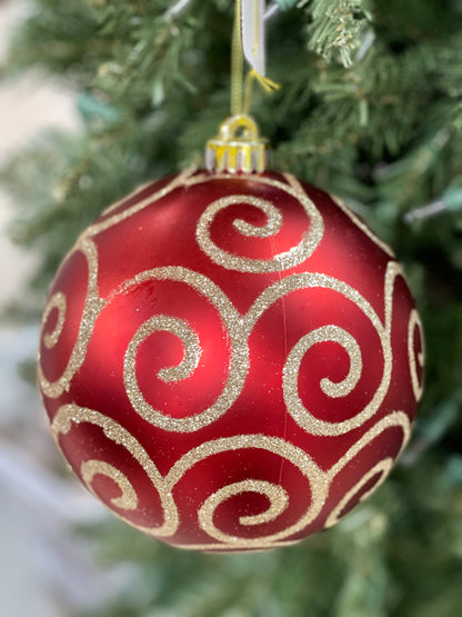 6 Inch Matte Red With Gold Glitter Scrolls And Swirls Ornament Ball
