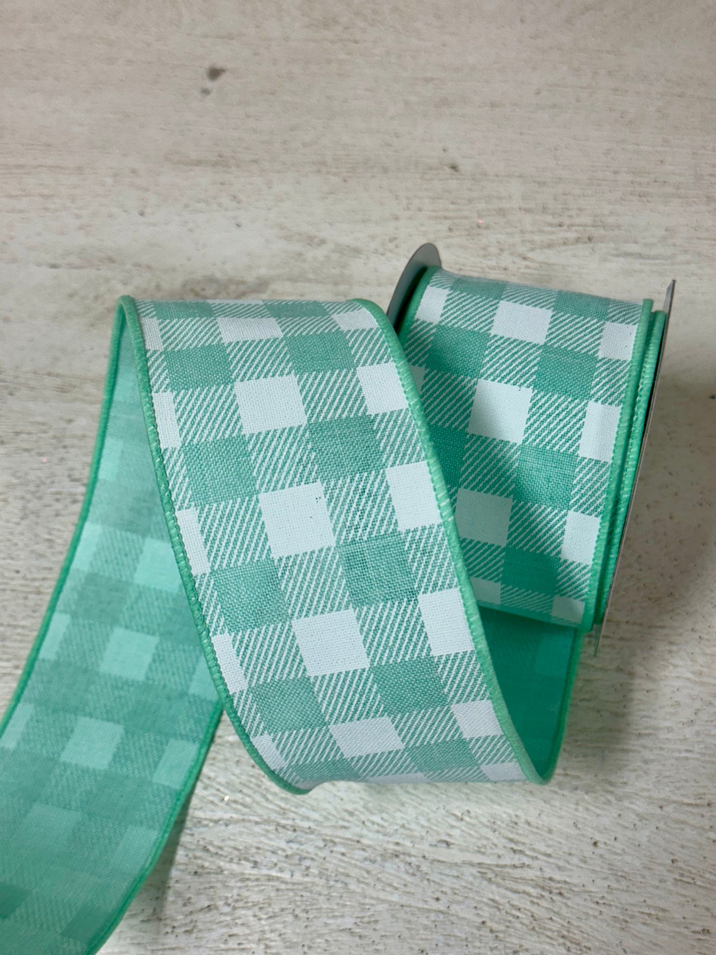 2.5 Inch By 10 Yard Mint Green And White Check Ribbon