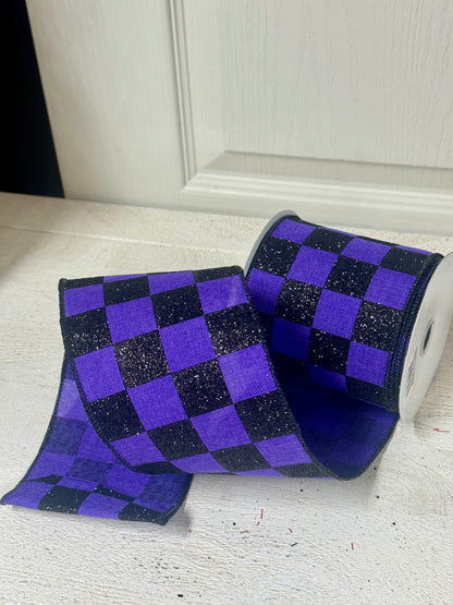 4 Inch By 10 Yard Black And Purple Glitter Check Ribbon