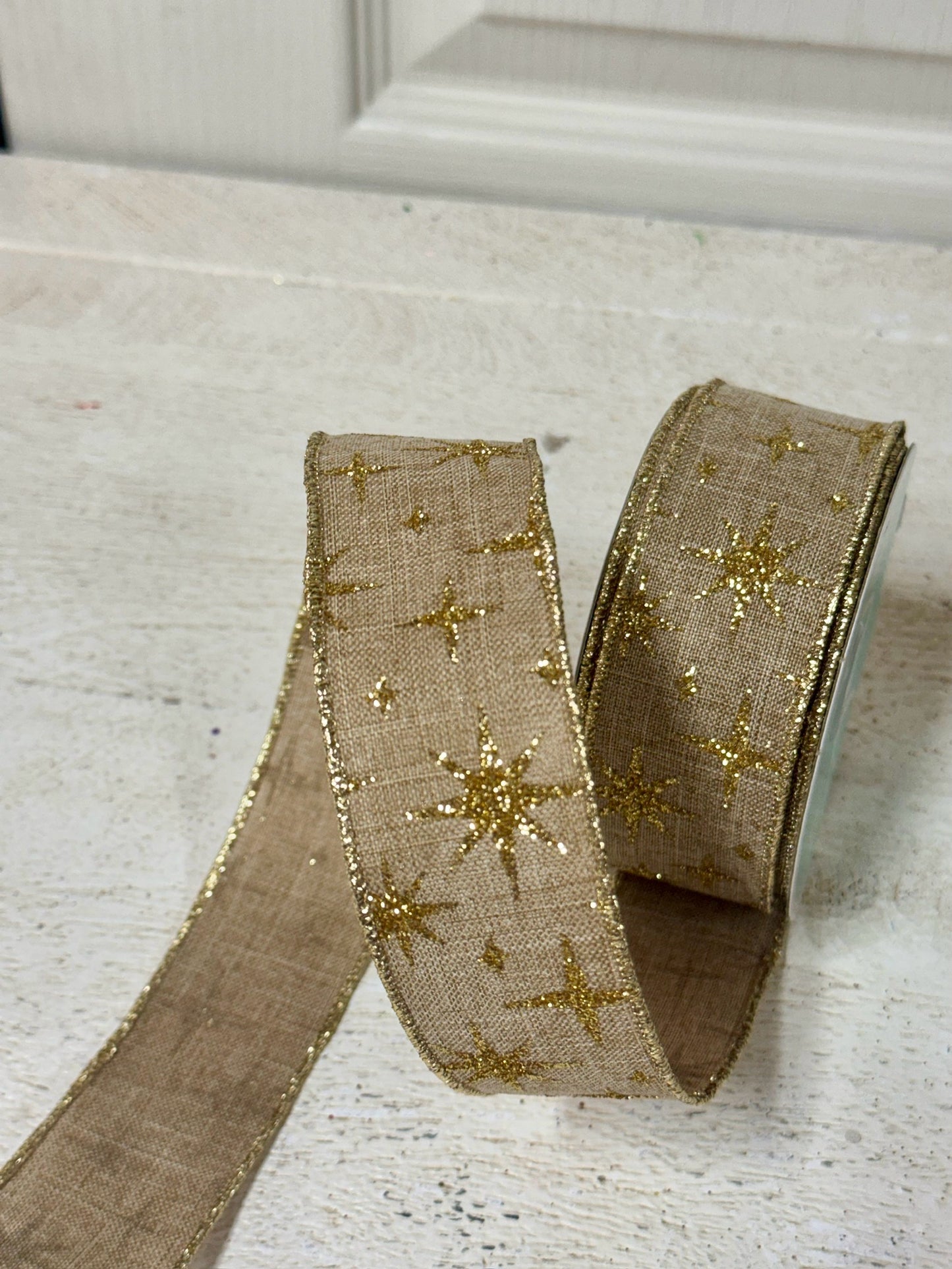 1.5 Inch By 10 Yard Natural And Gold Retro Stars Ribbon