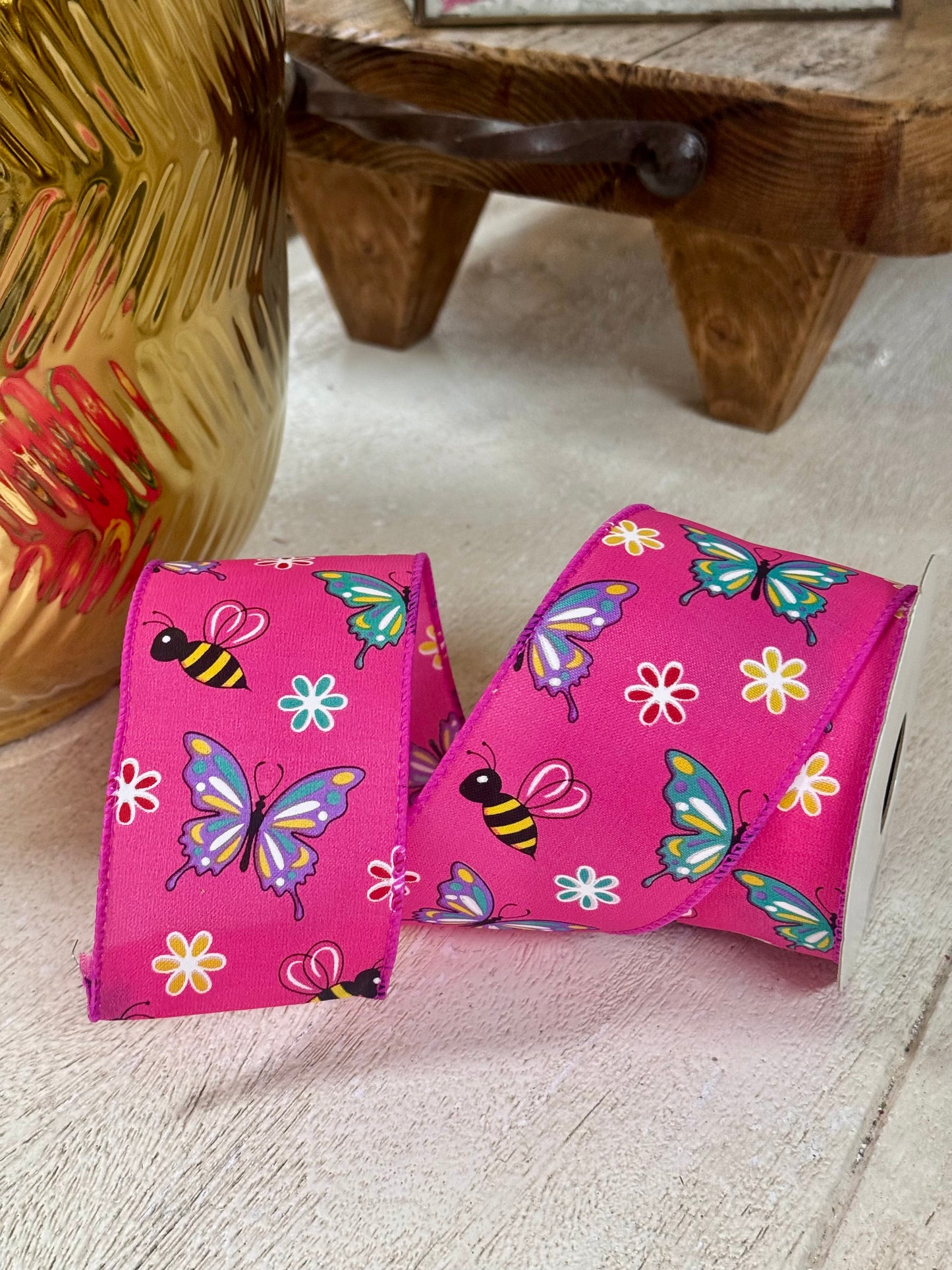 2.5 Inch By 10 Yard Fuchsia Butterfly And Bees Ribbon