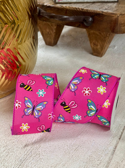 2.5 Inch By 10 Yard Fuchsia Butterfly And Bees Ribbon