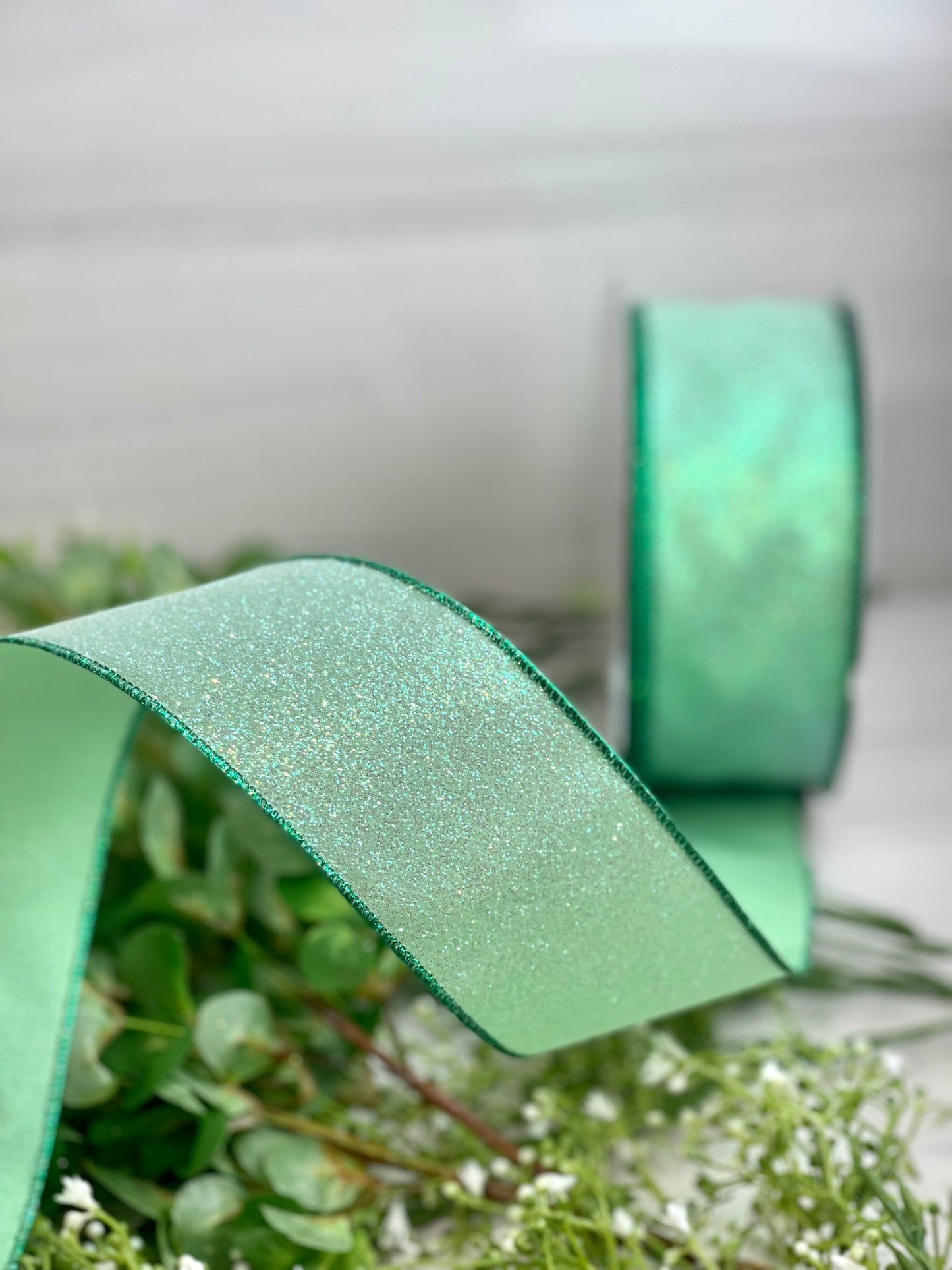 2.5 Inch By 50 Yard Green Glitter Ribbon