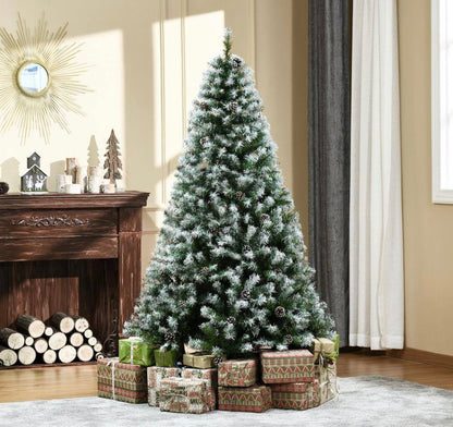 HomCom 6 ft. Artificial Christmas TreeFlocked Hinge Tree with Pine Cones, Holiday Home Christmas Decoration Automatic Open, Green Open Box