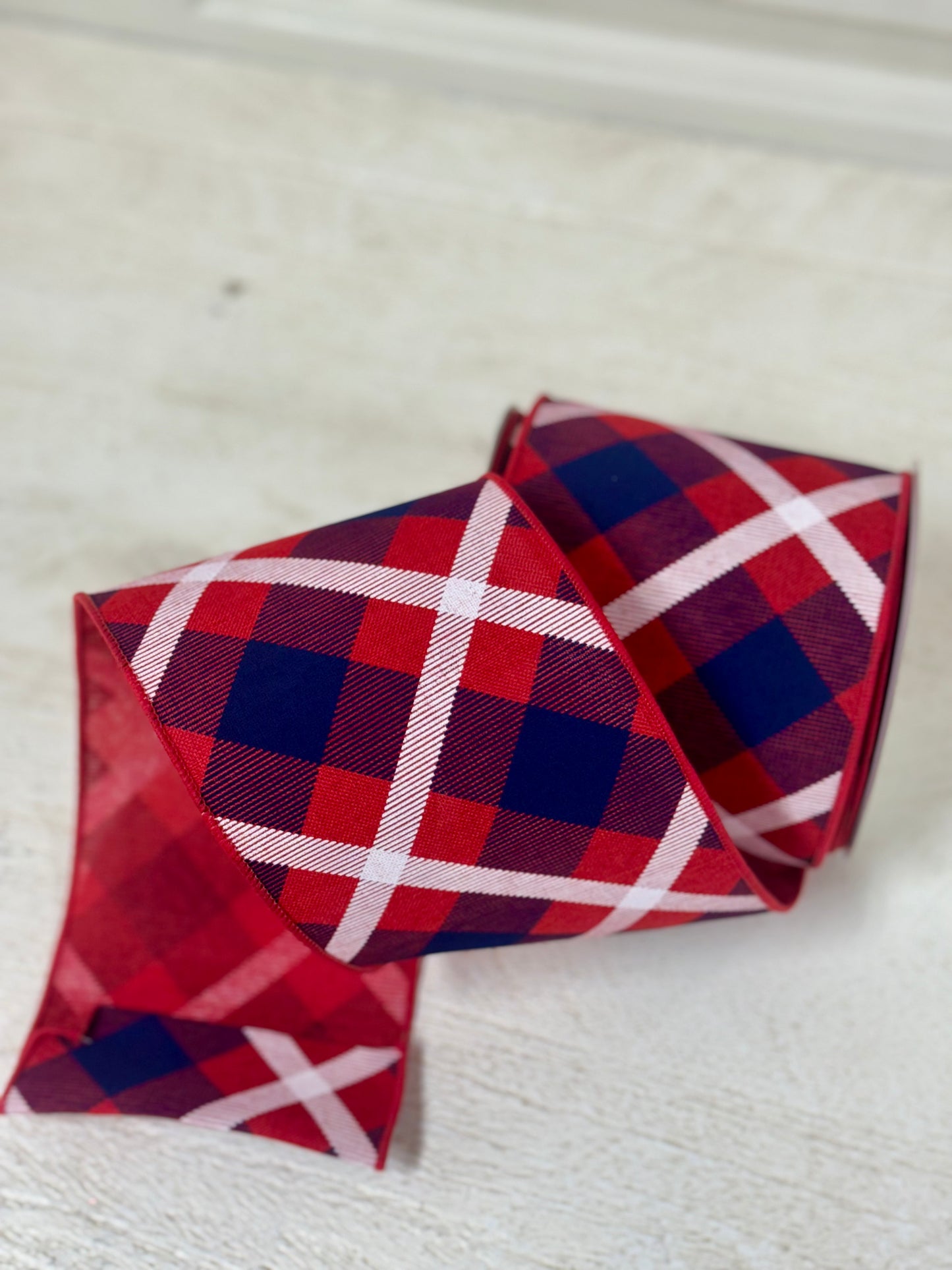 4 Inch By 10 Yard Red Navy Blue And White Plaid Ribbon