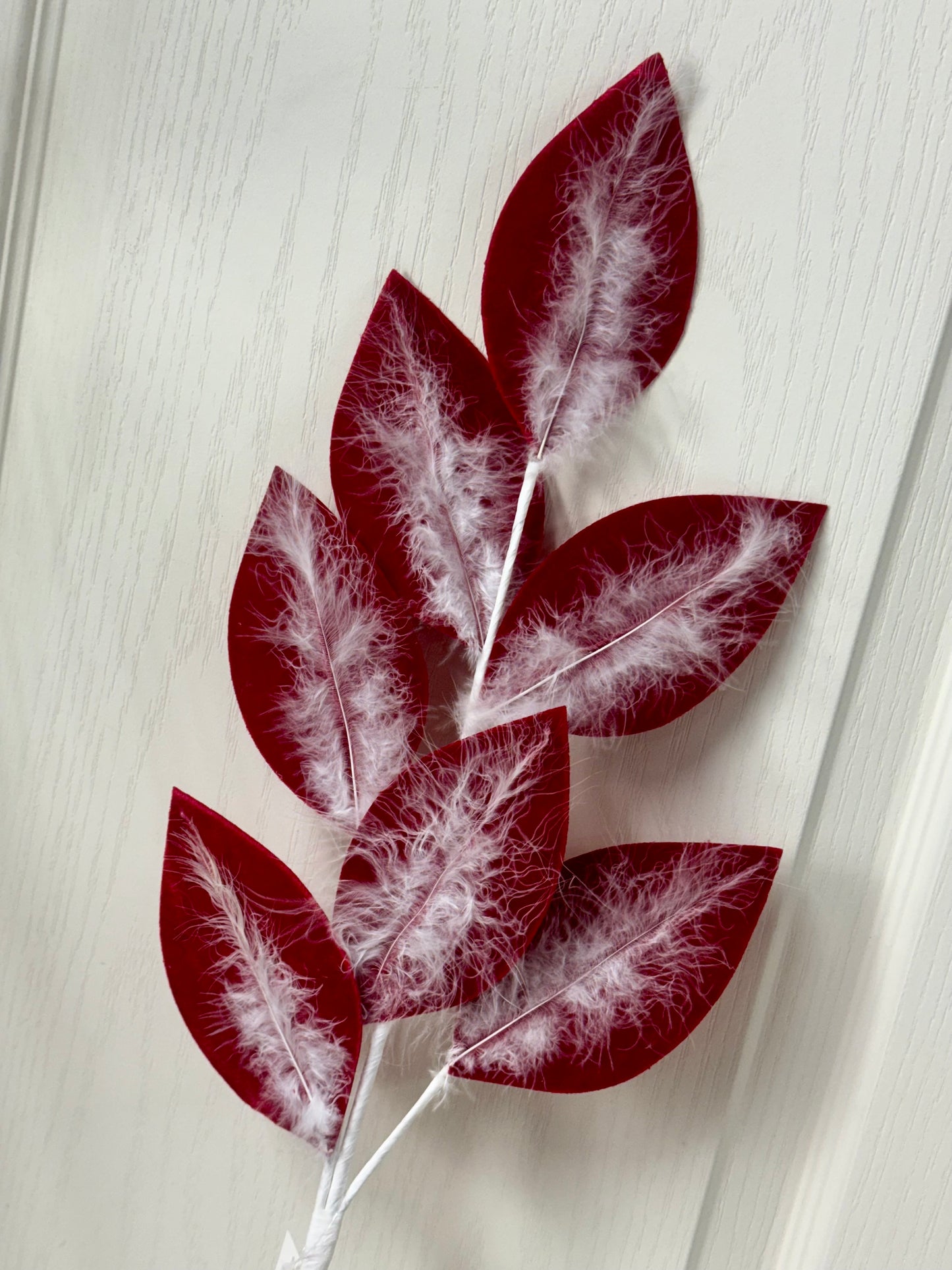 27.5 Inch Red And White Velvet Feather Leaf Spray