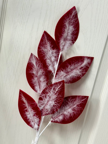 27.5 Inch Red And White Velvet Feather Leaf Spray