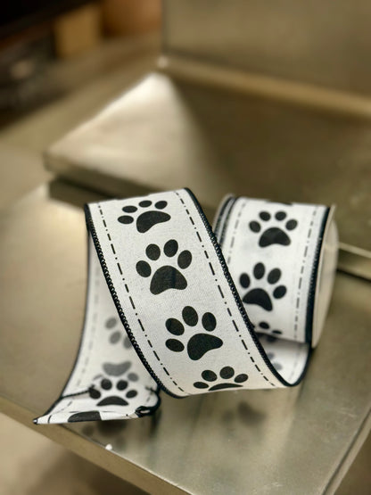 2.5 Inch By 10 Yard Black And White Paw Prints Ribbon