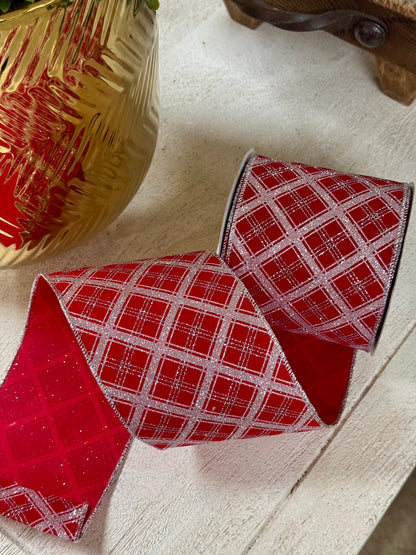 4 Inch By 10 Yard Red And Silver Lattice Glitter Velvet Ribbon