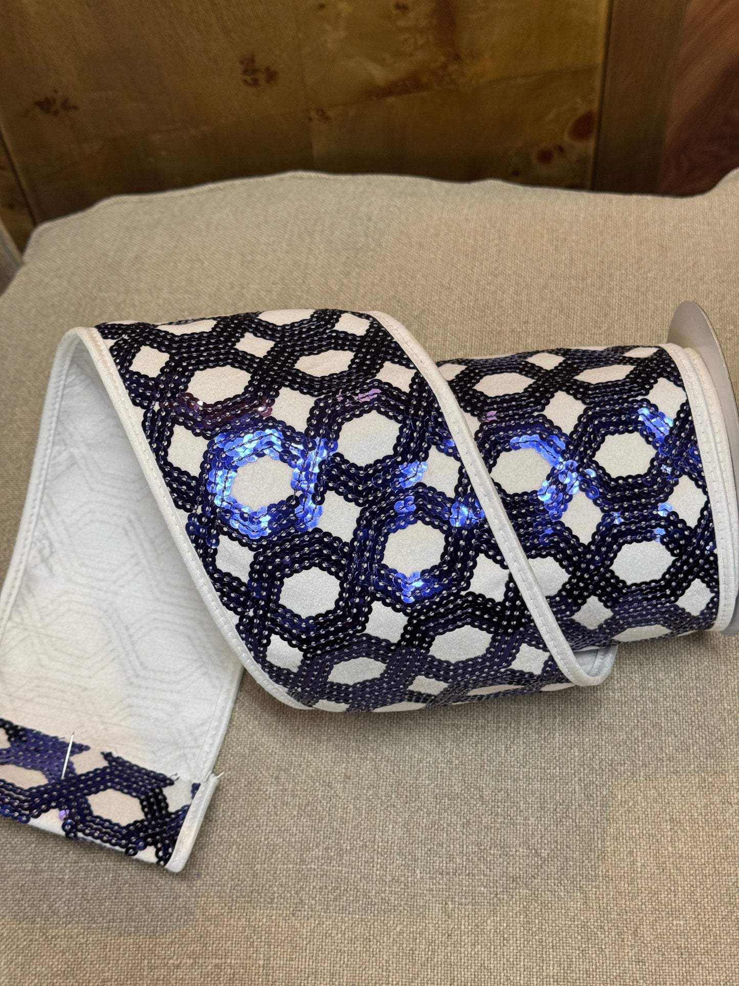 John Mark 4 Inch By 5 Yard Blue And White Sequin Dupioni Fused Piping Ribbon