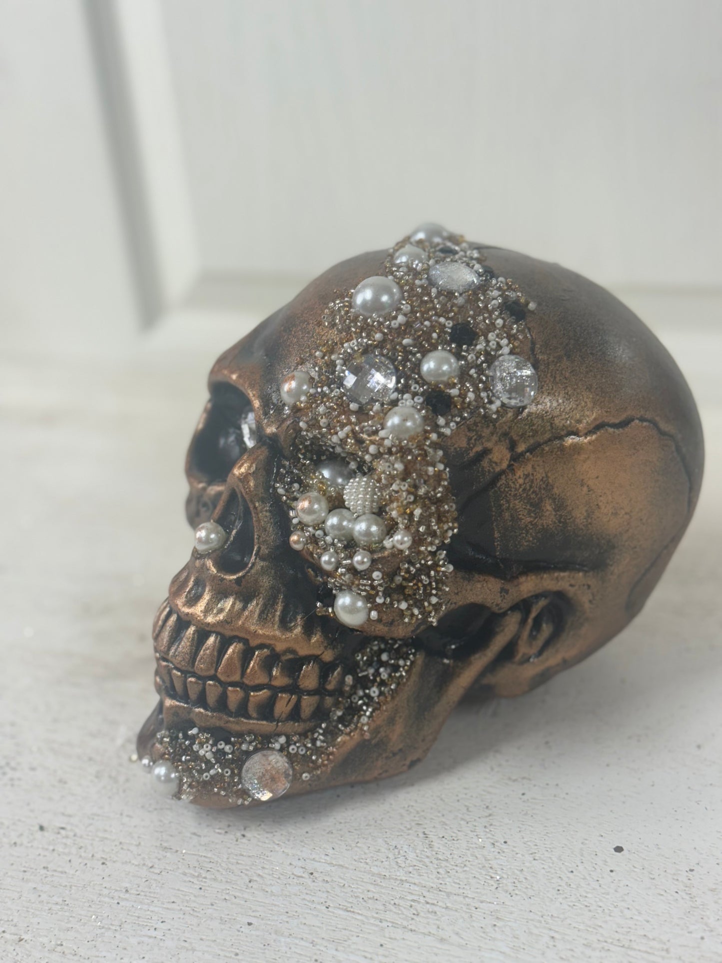 8 Inch Antique Gold Skull With Beads And Glitter