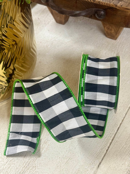 2.5 Inch By 10 Yard Black And White Gingham Check With Lime Edging Ribbon