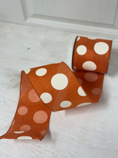 4 Inch By 10 Yard Orange And Ivory Giant Polka Dot Ribbon