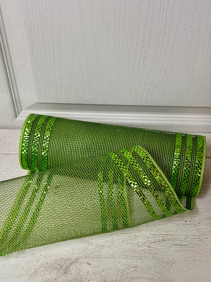 10 Inch By 10 Yard Apple And Moss Green Border Stripe Metallic Mesh