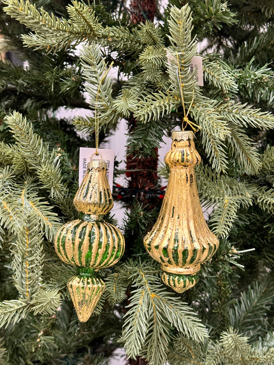 5 Inch- 6 Inch Emerald And Gold Antique Glass Ornament Two Styles