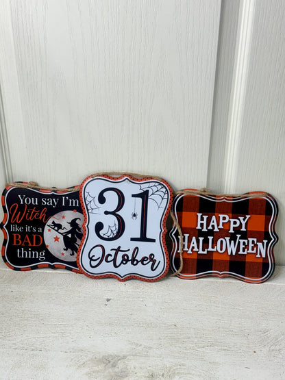 7 Inch Tin Halloween Signs Three Assorted