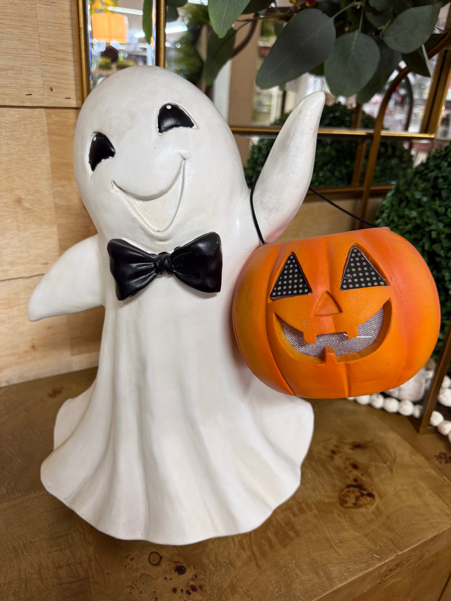 16 Inch Halloween Resin Ghost With Bow Tie And Jack O Lantern