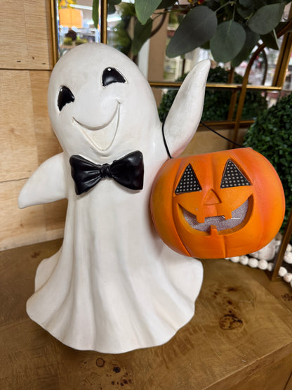 16 Inch Halloween Resin Ghost With Bow Tie And Jack O Lantern