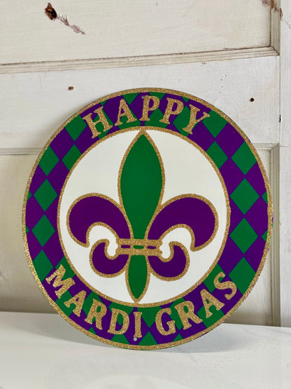 12 Inch Round Metal "Happy Mardi Gras" Sign with Glitter