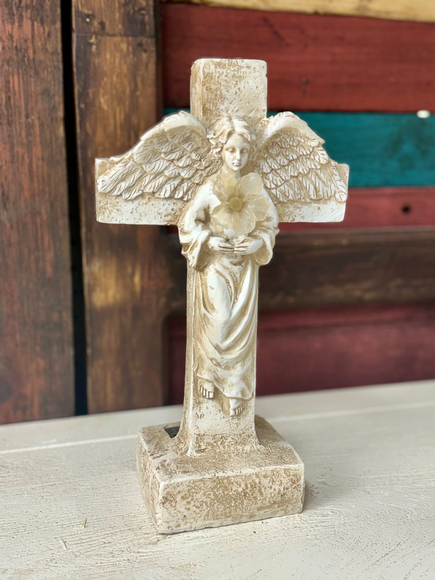 11.75 Inch Solar Powered Resin Cross Angel