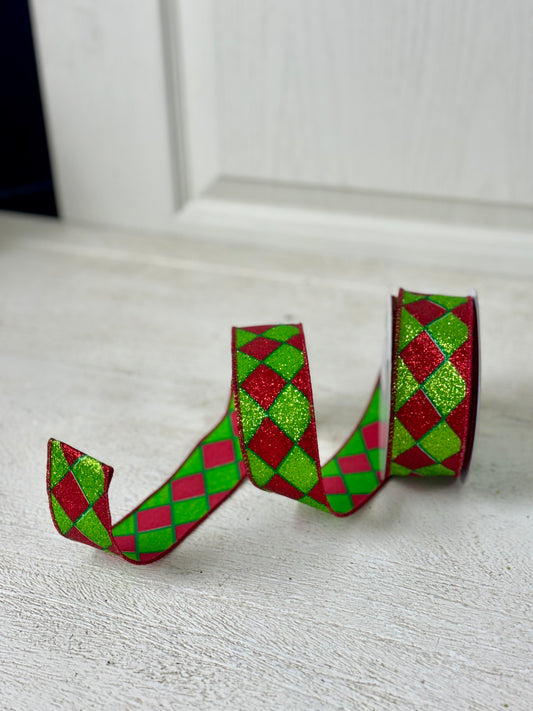 1.5 Inch By 10 Yard Red And Lime Harlequin Ribbon