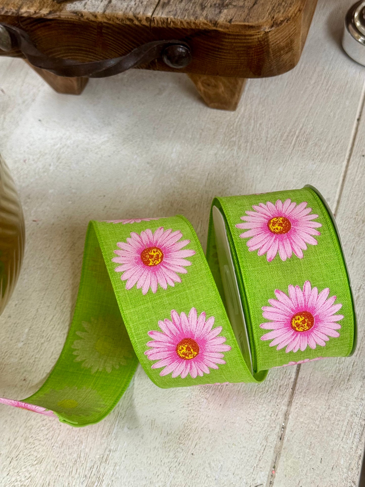 2.5 Inch By 20 Yard Pink And Lime Green Gerbera Daisy Ribbon