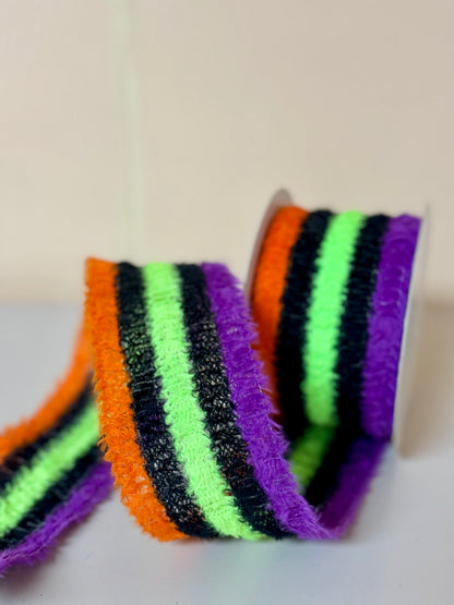 2.5 Inch By 10 Yard Black Green Orange And Purple Fuzzy Striped Ribbon