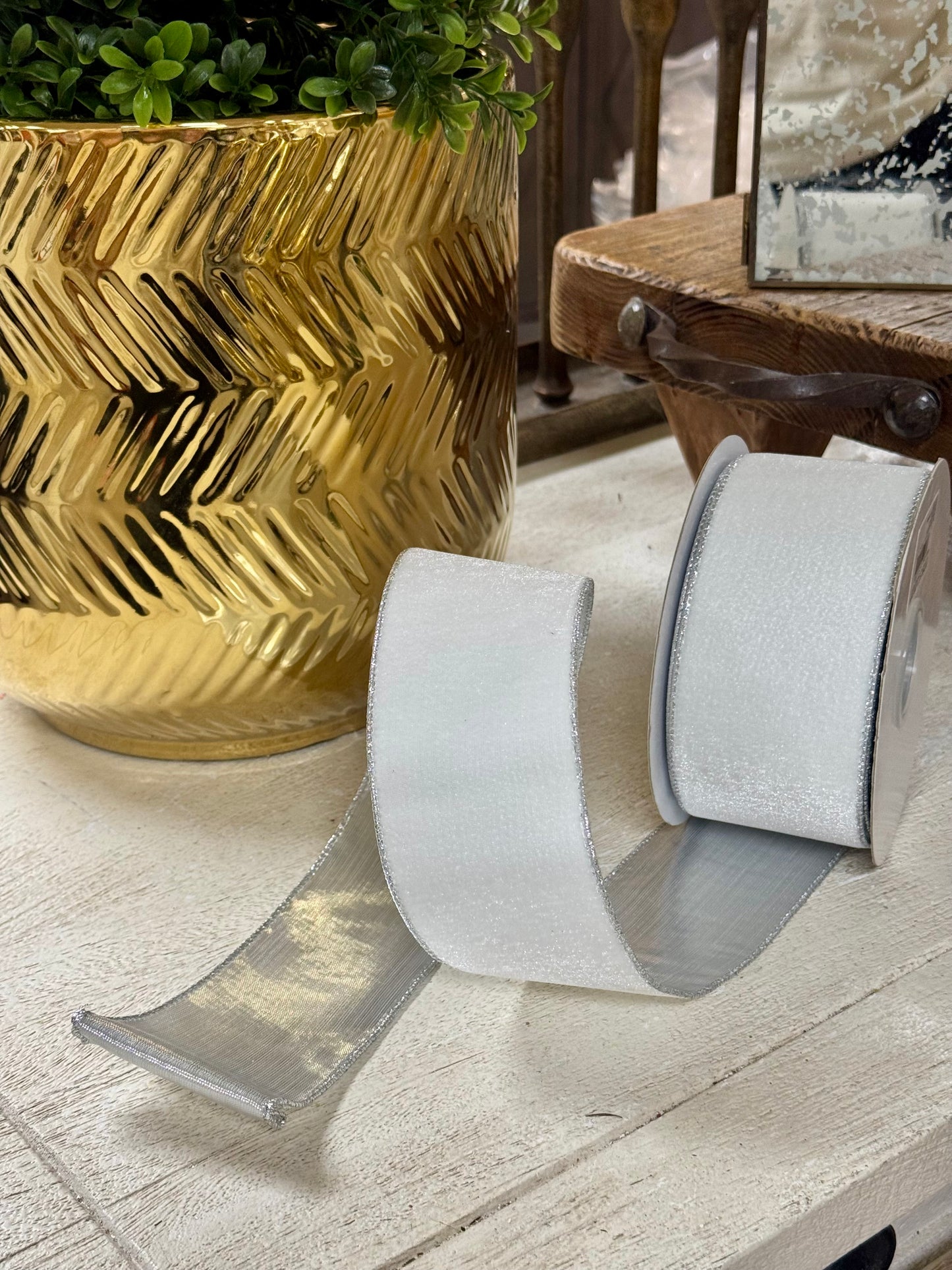 2.5 Inch By 10 Yard White And Silver Velvet Metallic Backing Ribbon