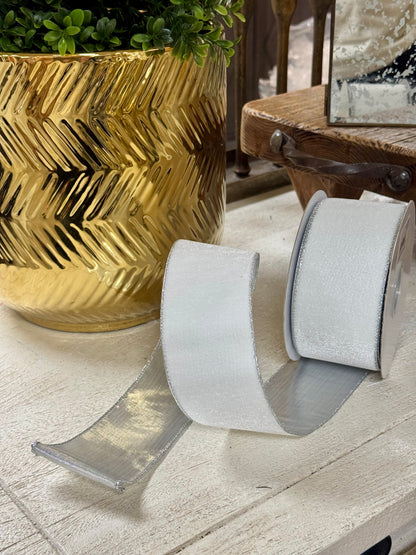 2.5 Inch By 10 Yard White And Silver Velvet Metallic Backing Ribbon