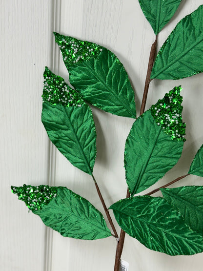 31.5 Inch Emerald Green Pressed Velvet Glitter Leaf Spray With Pearls