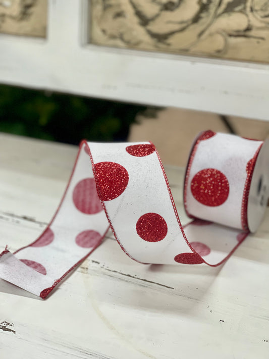 2.5 Inch By 10 Yard White Background With Red Polka Dots Ribbon