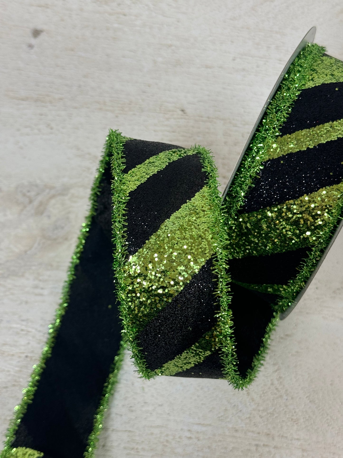 1.5 Inch By 10 Yard Black And Lime Green Striped With Tinsel Edge Ribbon