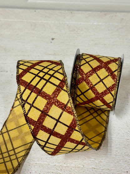 2.5 Inch By 10 Yard Mustard Copper And Brown Glitter Diagonal Plaid Ribbon