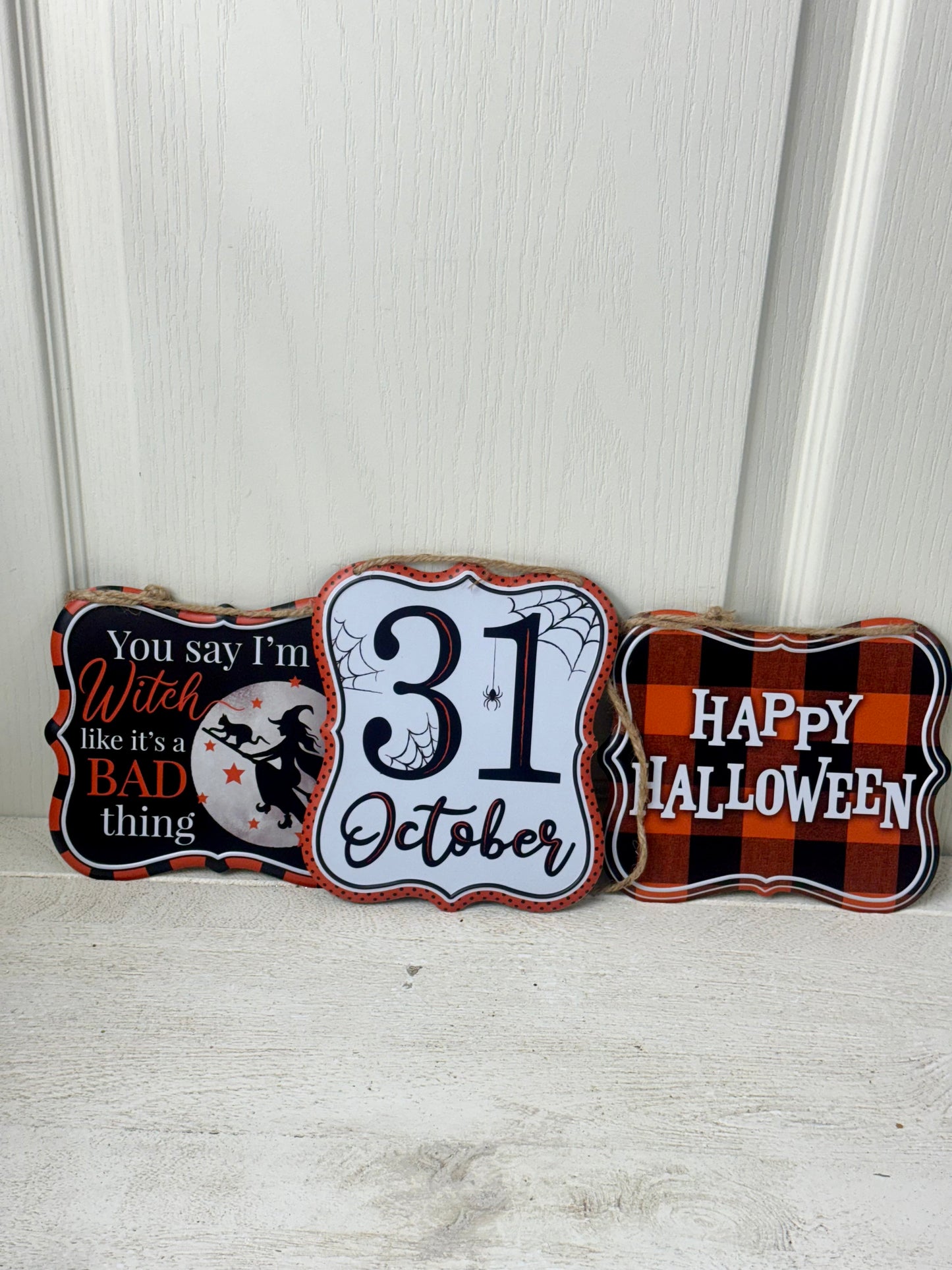 7 Inch Tin Halloween Signs Three Assorted