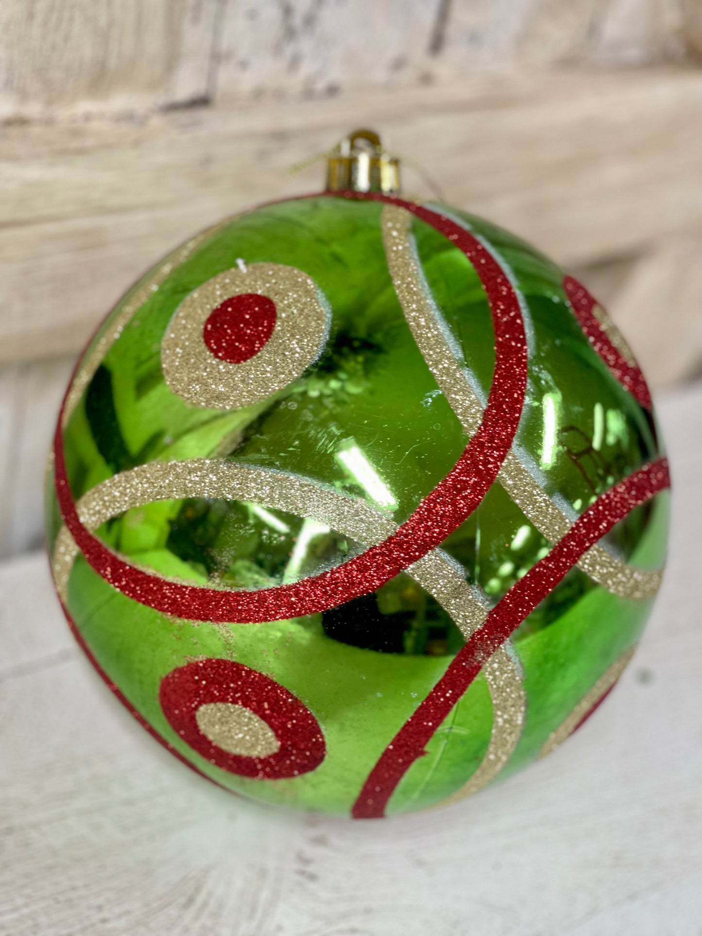 8 Inch Green Red And Gold Glitter Circle And Polka Dot Ornament Ball