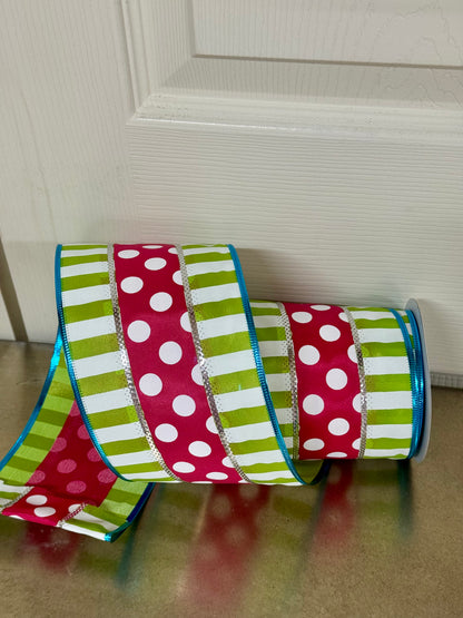 4 Inch By 10 Yard Hot Pink Lime Polka Dot With Stripes Ribbon