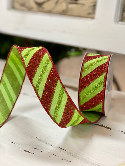 1.5 Inch By 10 Yard Red And Lime Glitter Striped Ribbon