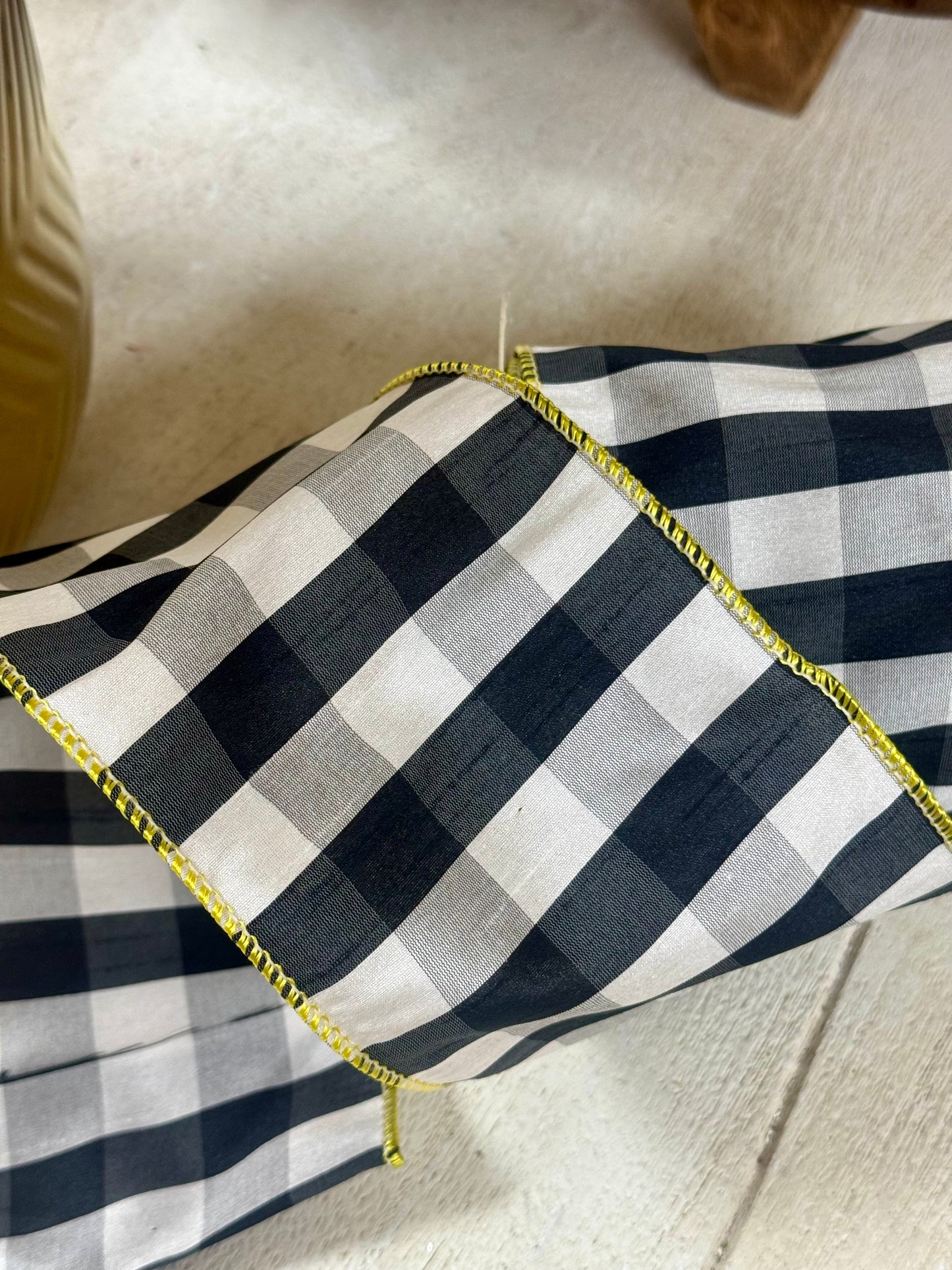 4 Inch By 10 Yard Black And White Gingham With Yellow Edging Ribbon