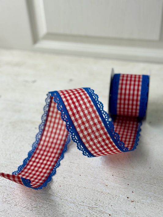 2.5 Inch By 10 Yard Red And White Gingham With Lace Blue Scalloped Edges Ribbon