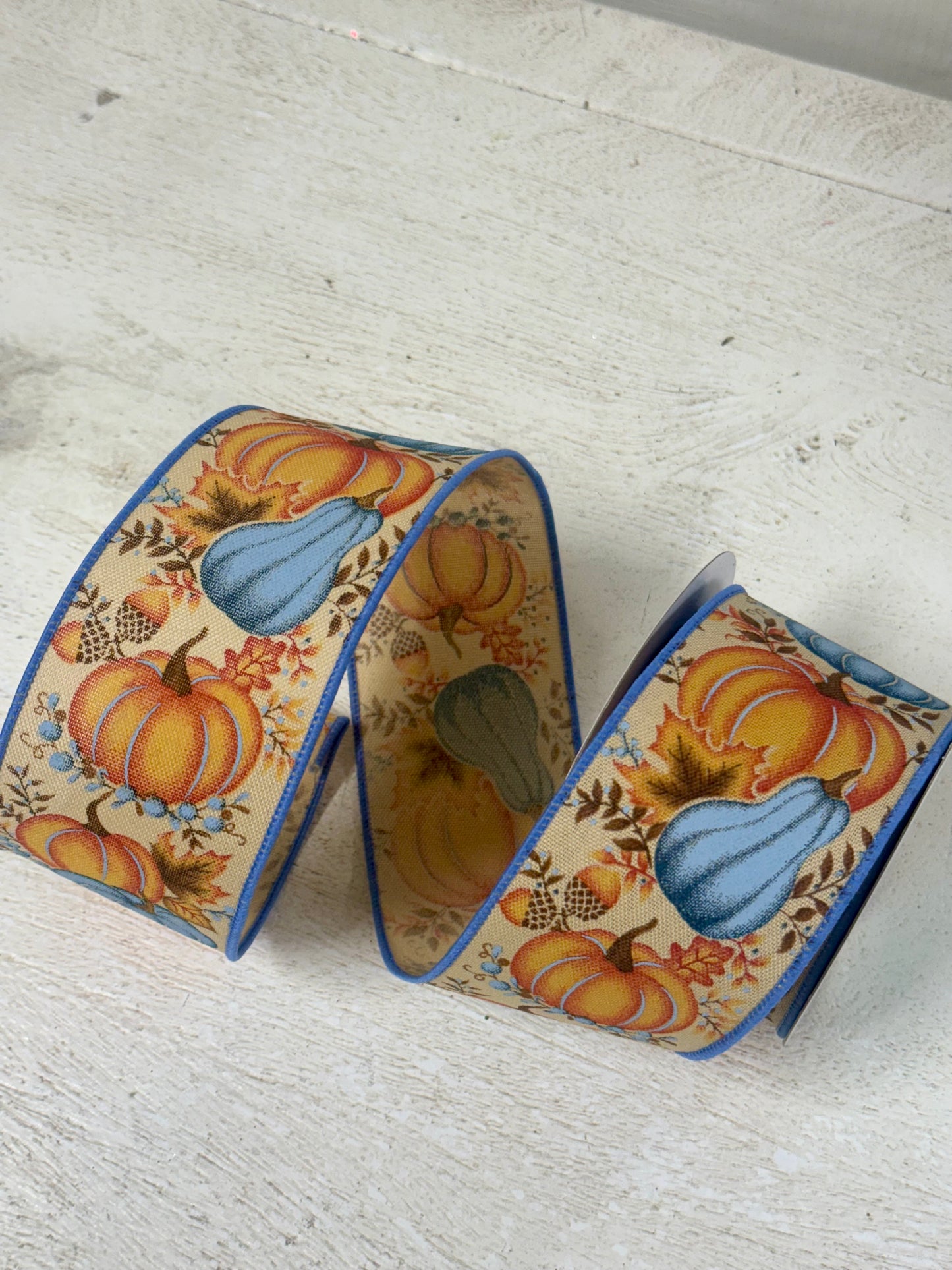 2.5 Inch By 10 Yard Orange Blue Pumpkin Gourd Leaves Ribbon