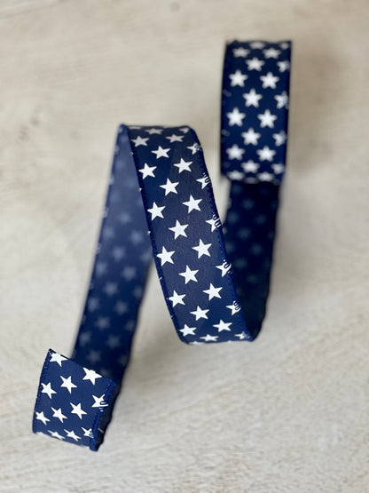 1.5 Inch By 10 Yard Navy Satin With White Stars Ribbon