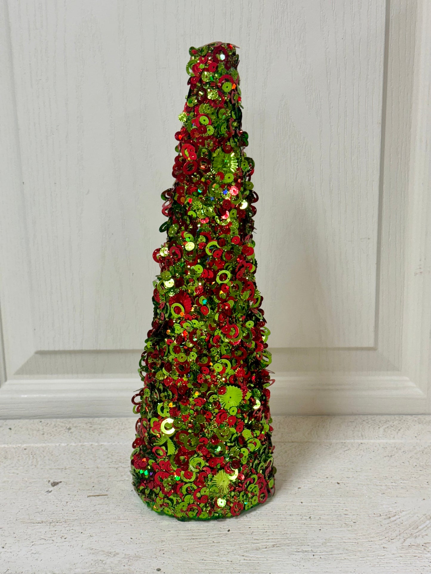 12 Inch Lime And Red Sequin Glitter Cone Tree