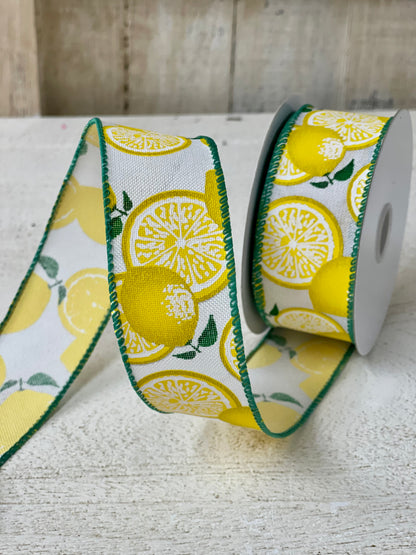 1.5 Inch White Linen with Lemons & Green Wired Edge