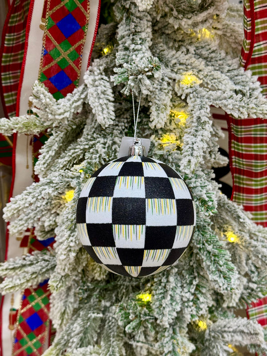 4 Inch Black And White Check Glitter Ornament