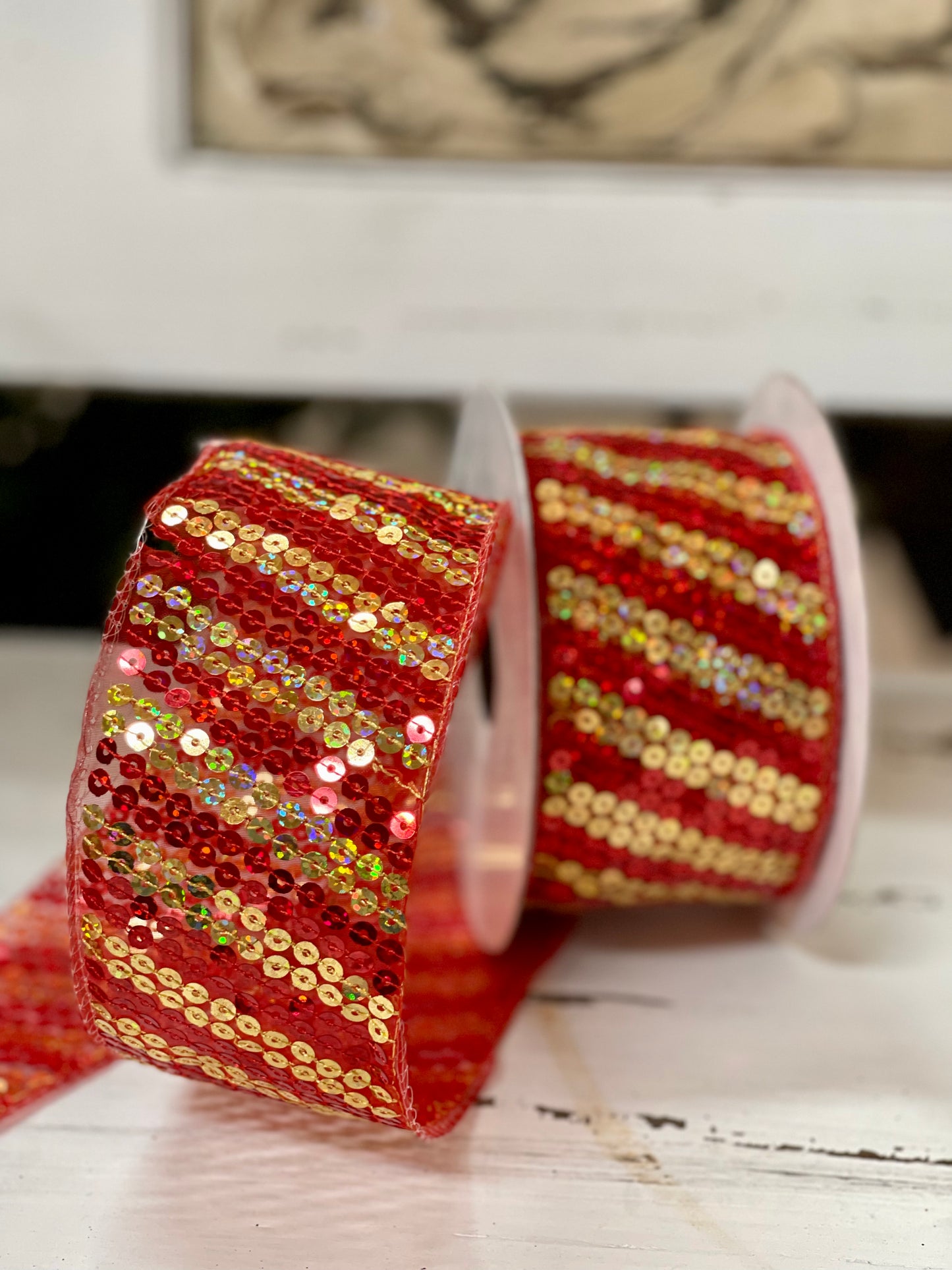 2.5 Inch By 10 Yards Wired Red and Gold Sheer Sequin Ribbon