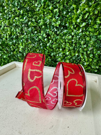 1.5 Inch By 10 Yard Gold Glitter Hearts On Red Ombre Background Ribbon