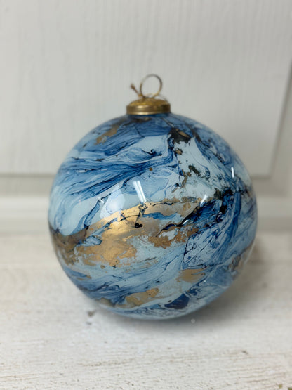 6 Inch Blue And Gold Watercolor Glass Ball Ornament