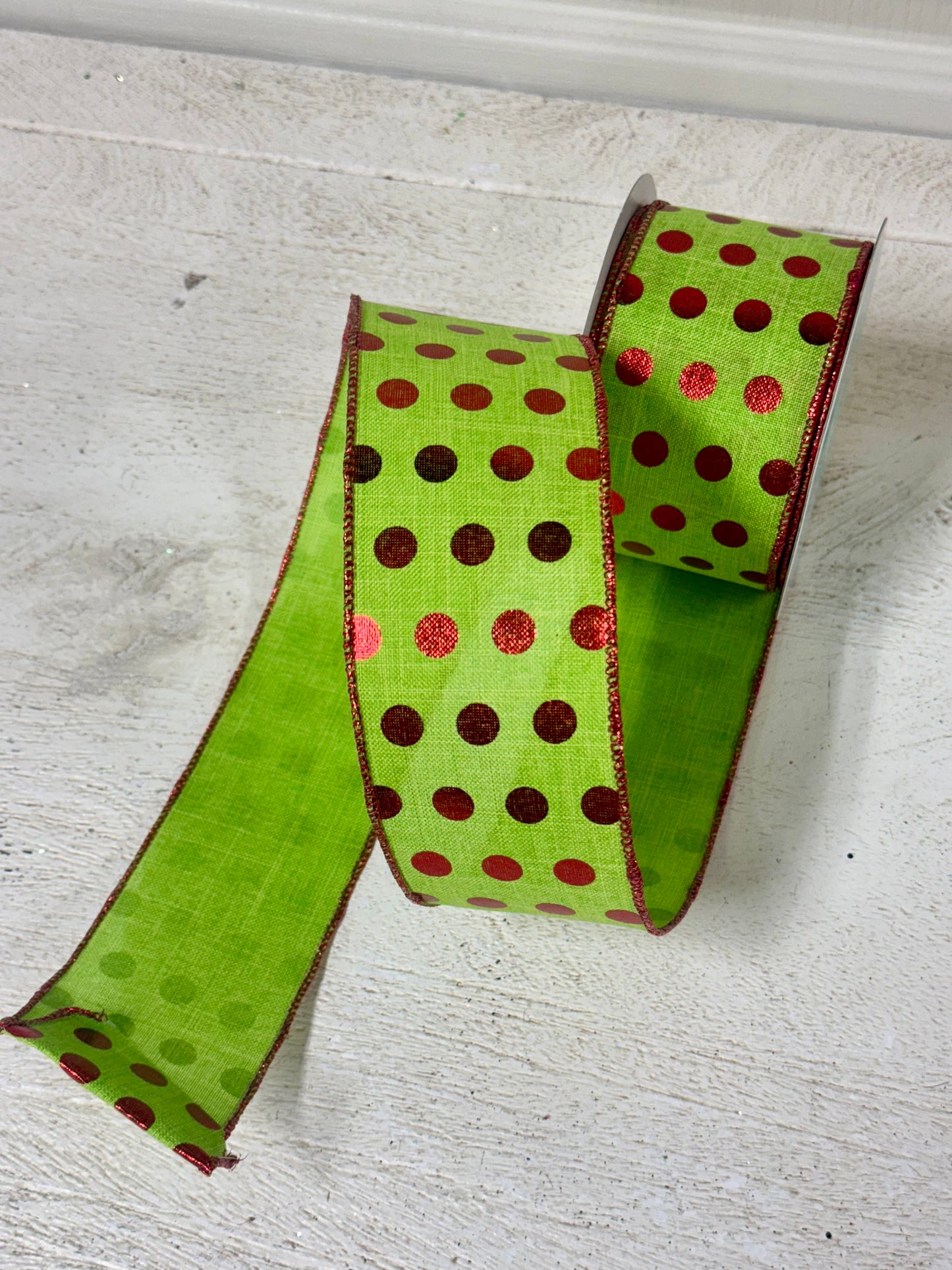 2.5 Inch By 10 Yard Lime Green And Red Metallic Polka Dot Ribbon