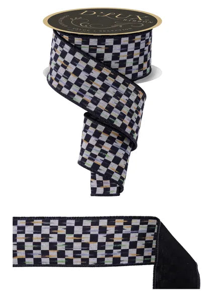 2.5 Inch By 10 Yard Beige And Black Mini Antique Checkerboard Ribbon