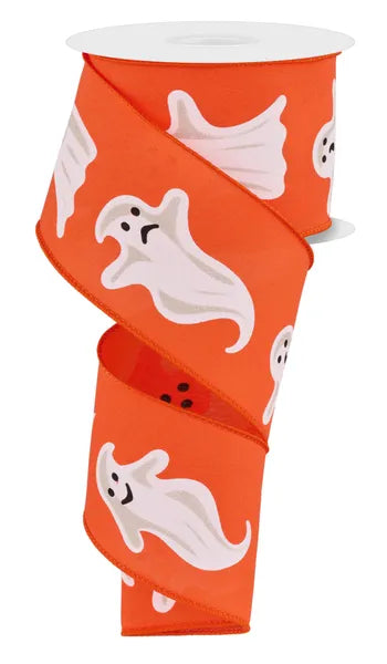 2.5 Inch By 10 Yard Ghosts On Orange Background Ribbon